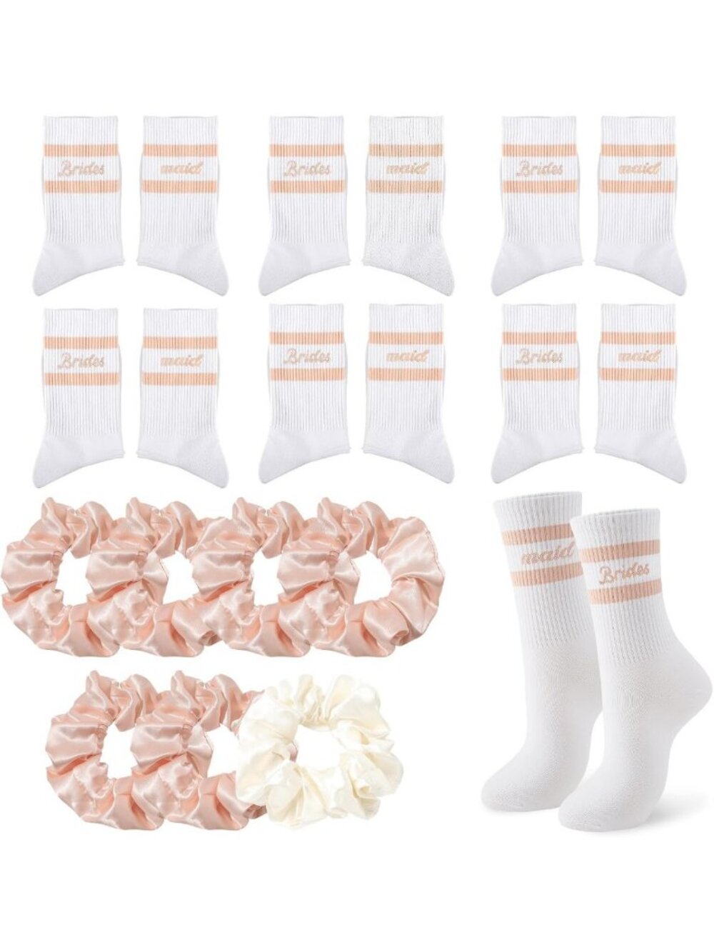 Bridesmaid Gift Set: 14 Pink Wedding Socks & Satin Hair Bands for Bridal Party